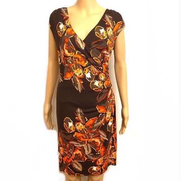 NWT Ann Taylor Brown Orange Floral Faux Wrap Neckline Sleeveless MIDI Dress - Picture 13 of 13